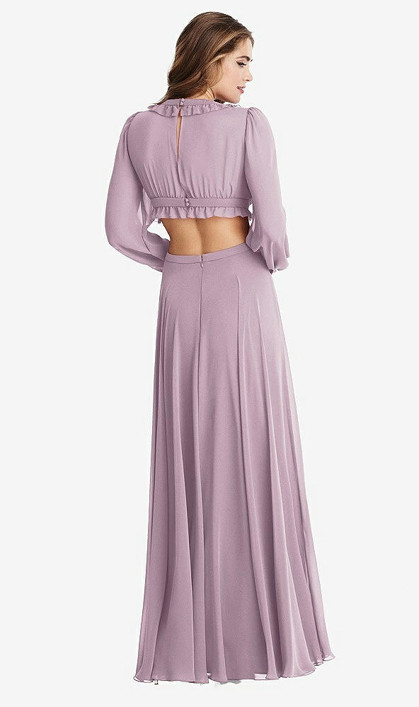 Back View - Suede Rose Bishop Sleeve Ruffled Chiffon Cutout Maxi Dress - Harlow 