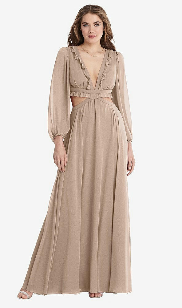 Front View - Topaz Bishop Sleeve Ruffled Chiffon Cutout Maxi Dress - Harlow 