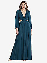 Front View Thumbnail - Atlantic Blue Bishop Sleeve Ruffled Chiffon Cutout Maxi Dress - Harlow 