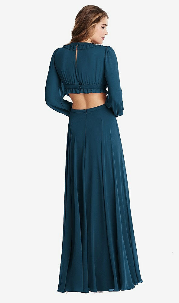 Back View - Atlantic Blue Bishop Sleeve Ruffled Chiffon Cutout Maxi Dress - Harlow 