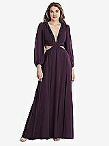 Front View Thumbnail - Aubergine Bishop Sleeve Ruffled Chiffon Cutout Maxi Dress - Harlow 