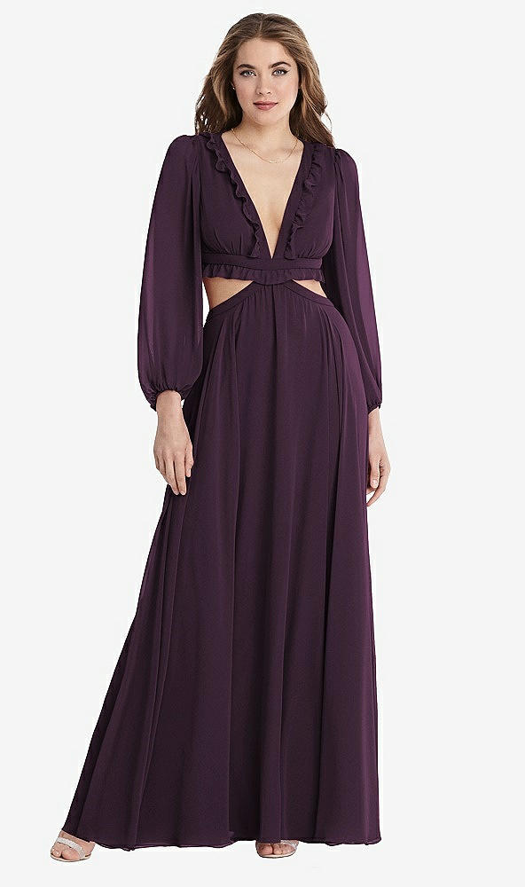 Front View - Aubergine Bishop Sleeve Ruffled Chiffon Cutout Maxi Dress - Harlow 