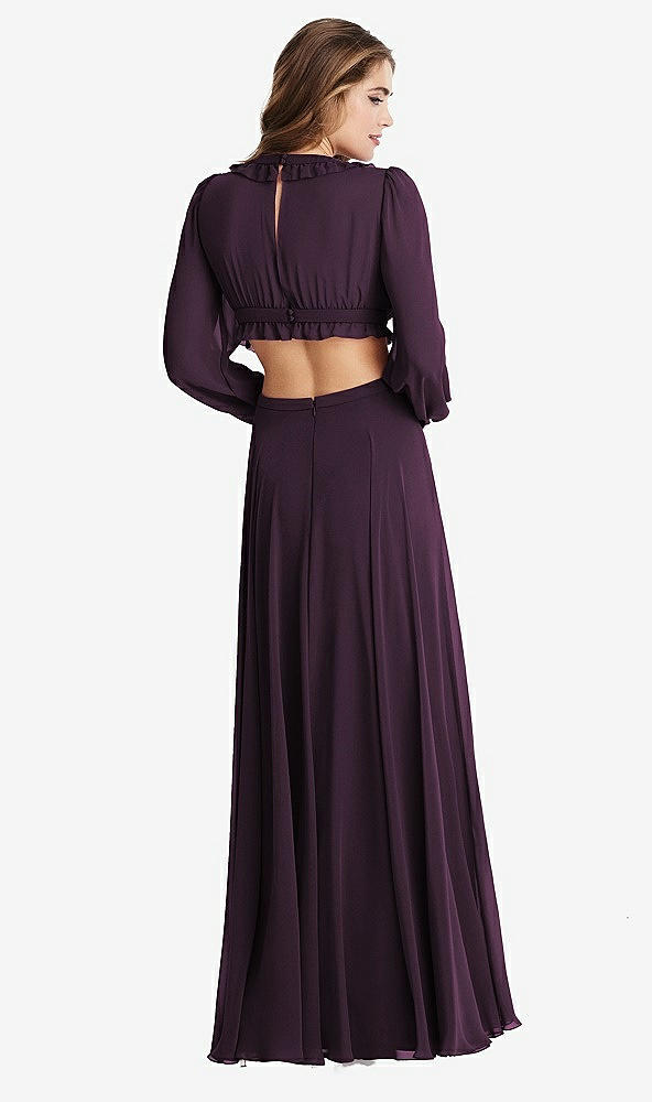 Back View - Aubergine Bishop Sleeve Ruffled Chiffon Cutout Maxi Dress - Harlow 