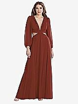 Front View Thumbnail - Auburn Moon Bishop Sleeve Ruffled Chiffon Cutout Maxi Dress - Harlow 