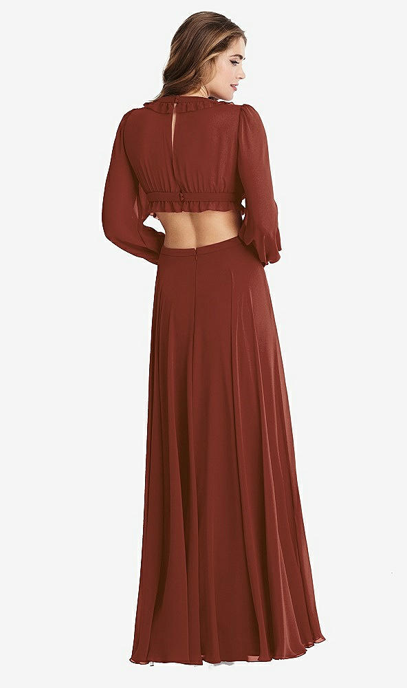 Back View - Auburn Moon Bishop Sleeve Ruffled Chiffon Cutout Maxi Dress - Harlow 