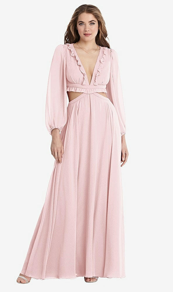 Front View - Ballet Pink Bishop Sleeve Ruffled Chiffon Cutout Maxi Dress - Harlow 