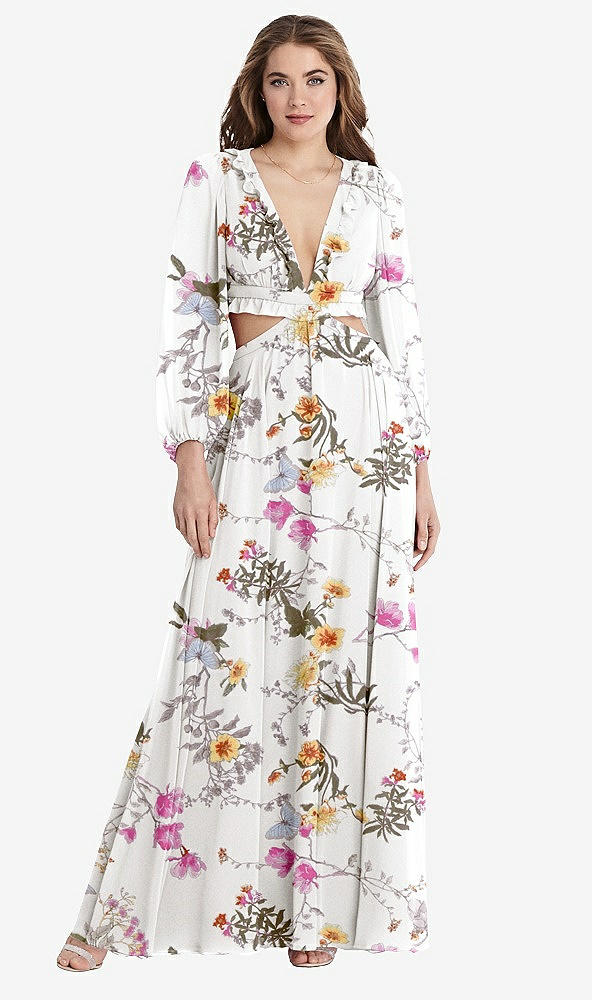 Front View - Butterfly Botanica Ivory Bishop Sleeve Ruffled Chiffon Cutout Maxi Dress - Harlow 