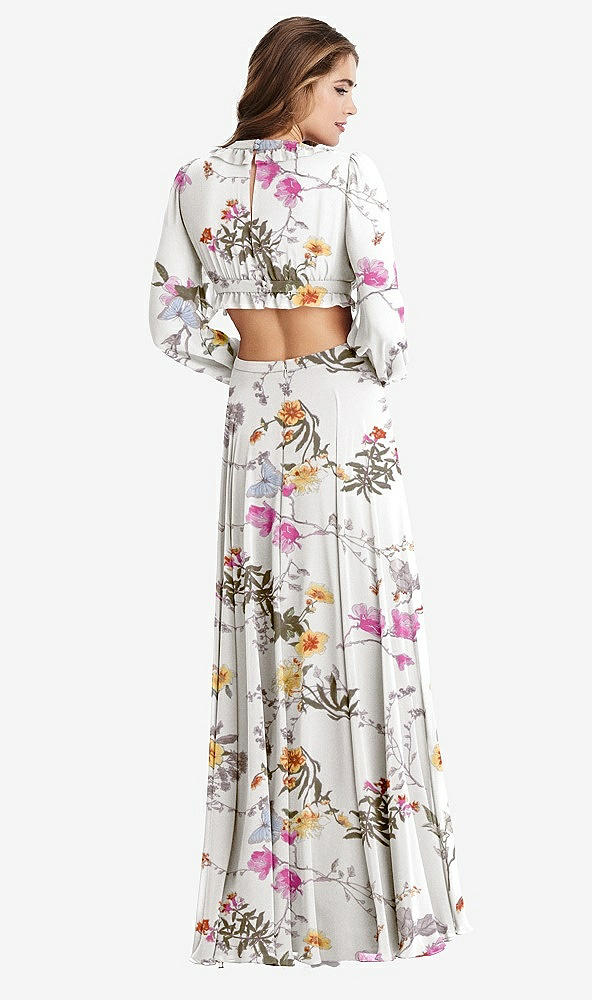 Back View - Butterfly Botanica Ivory Bishop Sleeve Ruffled Chiffon Cutout Maxi Dress - Harlow 