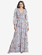 Front View Thumbnail - Butterfly Botanica Silver Dove Bishop Sleeve Ruffled Chiffon Cutout Maxi Dress - Harlow 