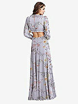 Rear View Thumbnail - Butterfly Botanica Silver Dove Bishop Sleeve Ruffled Chiffon Cutout Maxi Dress - Harlow 