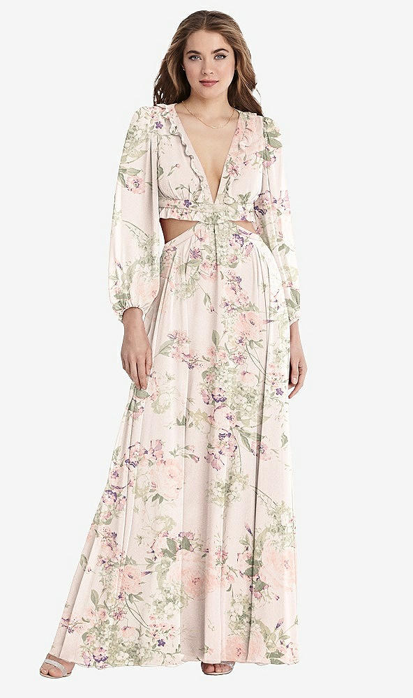 Front View - Blush Garden Bishop Sleeve Ruffled Chiffon Cutout Maxi Dress - Harlow 