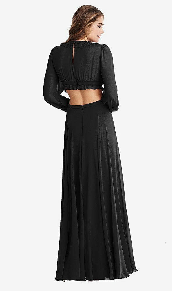 Back View - Black Bishop Sleeve Ruffled Chiffon Cutout Maxi Dress - Harlow 