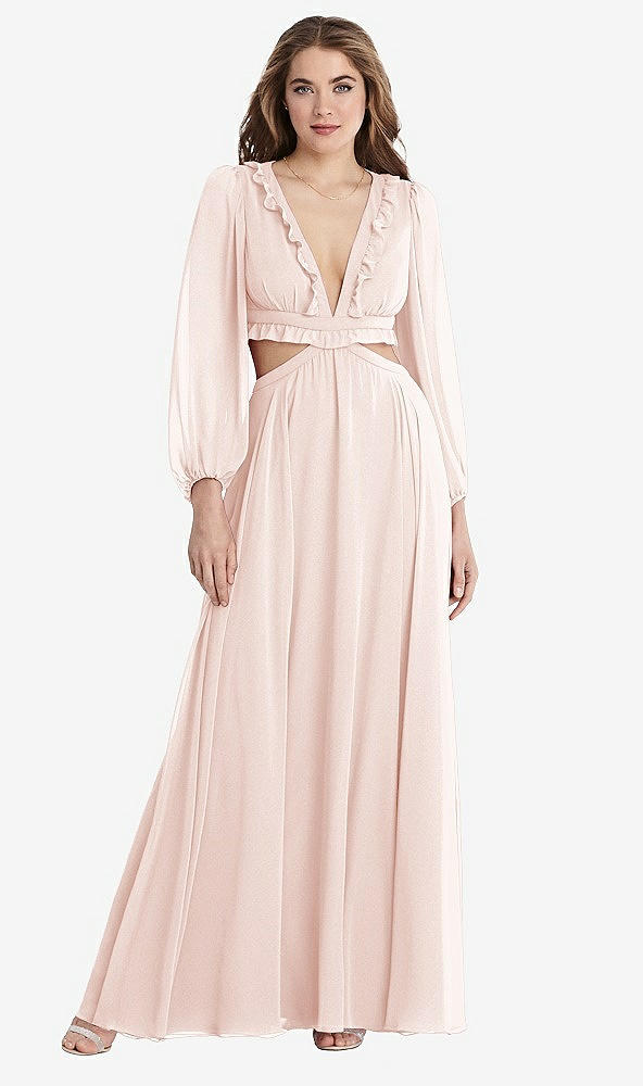 Front View - Blush Bishop Sleeve Ruffled Chiffon Cutout Maxi Dress - Harlow 