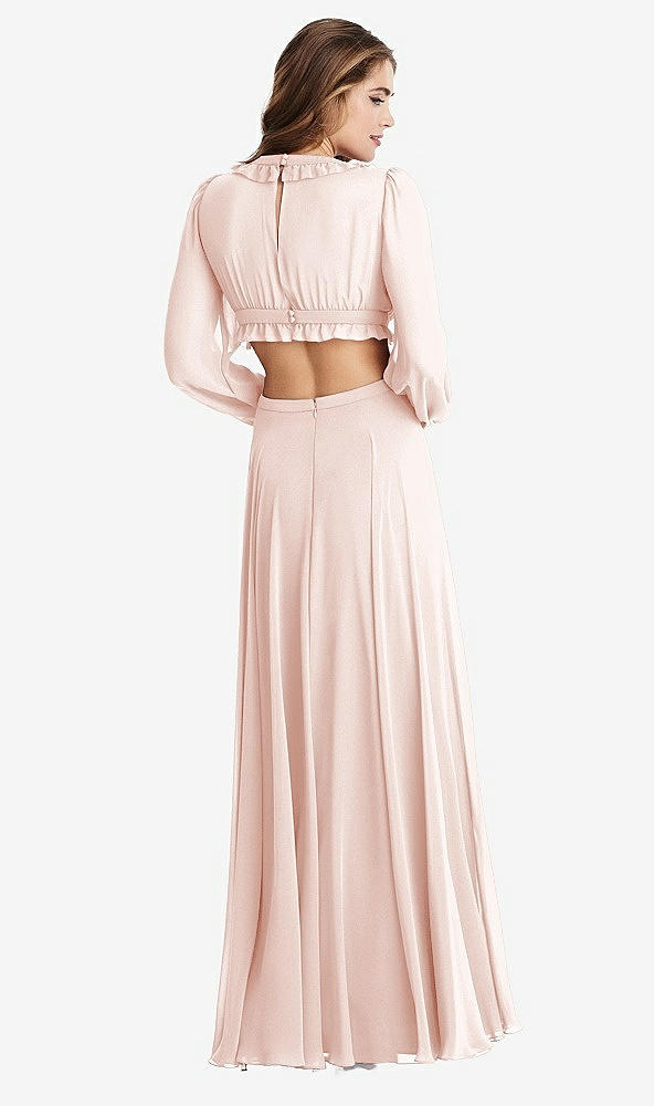 Back View - Blush Bishop Sleeve Ruffled Chiffon Cutout Maxi Dress - Harlow 