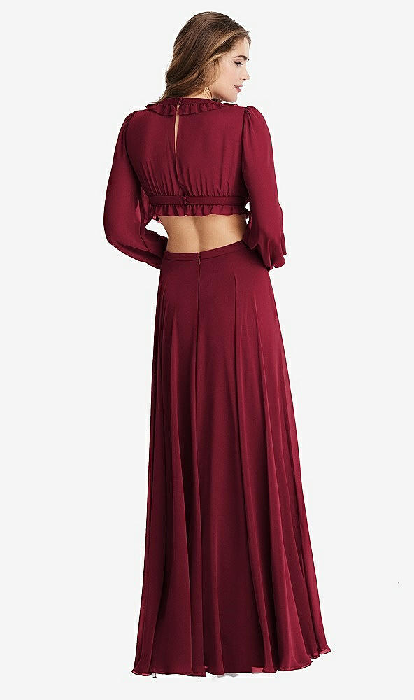 Back View - Burgundy Bishop Sleeve Ruffled Chiffon Cutout Maxi Dress - Harlow 