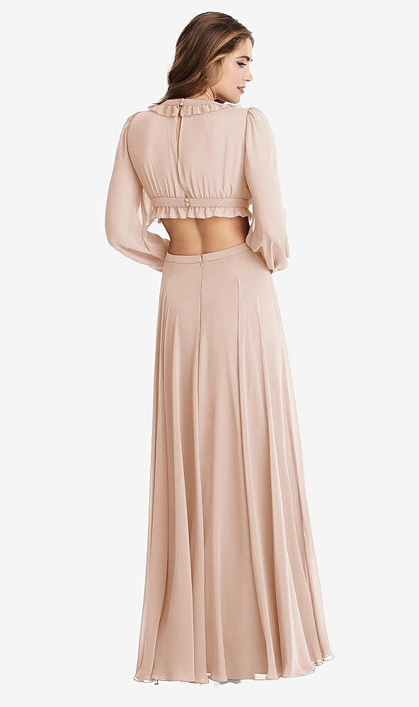 Back View - Cameo Bishop Sleeve Ruffled Chiffon Cutout Maxi Dress - Harlow 