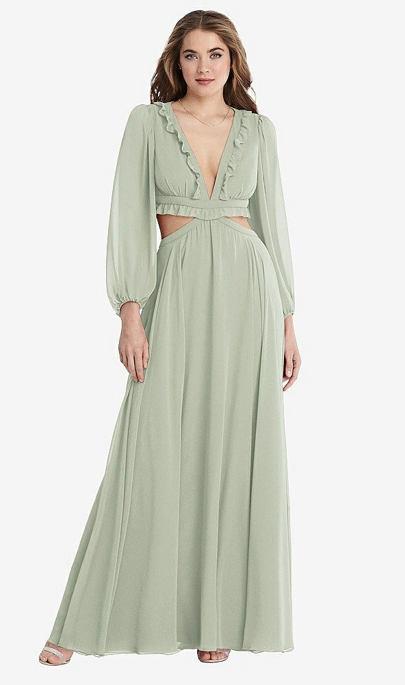 Front View - Celadon Bishop Sleeve Ruffled Chiffon Cutout Maxi Dress - Harlow 