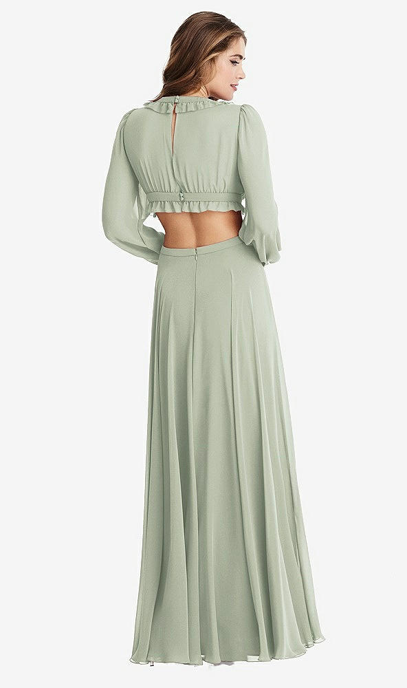 Back View - Celadon Bishop Sleeve Ruffled Chiffon Cutout Maxi Dress - Harlow 