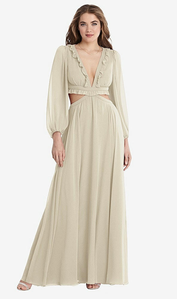 Front View - Champagne Bishop Sleeve Ruffled Chiffon Cutout Maxi Dress - Harlow 