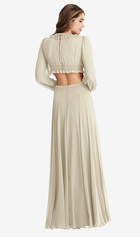 Back View - Champagne Bishop Sleeve Ruffled Chiffon Cutout Maxi Dress - Harlow 