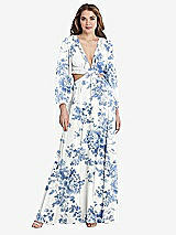 Front View Thumbnail - Cottage Rose Dusk Blue Bishop Sleeve Ruffled Chiffon Cutout Maxi Dress - Harlow 