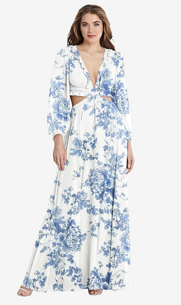 Front View - Cottage Rose Dusk Blue Bishop Sleeve Ruffled Chiffon Cutout Maxi Dress - Harlow 