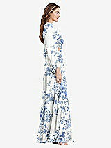 Side View Thumbnail - Cottage Rose Dusk Blue Bishop Sleeve Ruffled Chiffon Cutout Maxi Dress - Harlow 