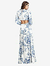 Rear View Thumbnail - Cottage Rose Dusk Blue Bishop Sleeve Ruffled Chiffon Cutout Maxi Dress - Harlow 