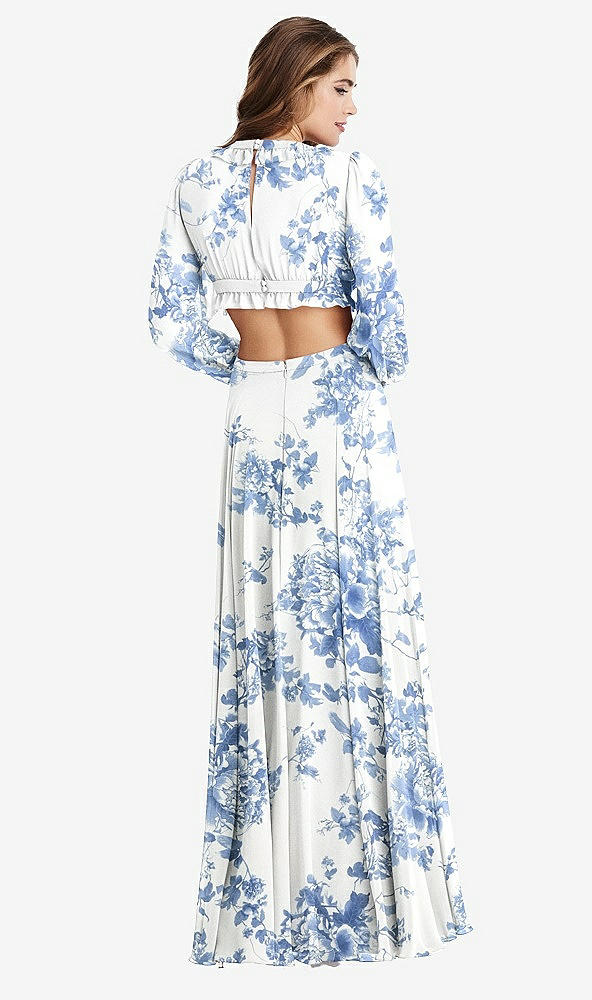 Back View - Cottage Rose Dusk Blue Bishop Sleeve Ruffled Chiffon Cutout Maxi Dress - Harlow 