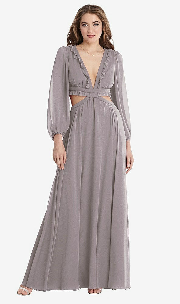 Front View - Cashmere Gray Bishop Sleeve Ruffled Chiffon Cutout Maxi Dress - Harlow 