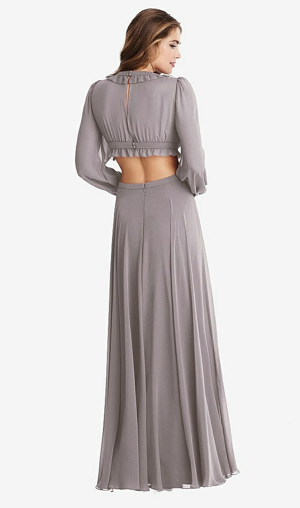 Back View - Cashmere Gray Bishop Sleeve Ruffled Chiffon Cutout Maxi Dress - Harlow 