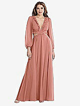 Front View Thumbnail - Desert Rose Bishop Sleeve Ruffled Chiffon Cutout Maxi Dress - Harlow 