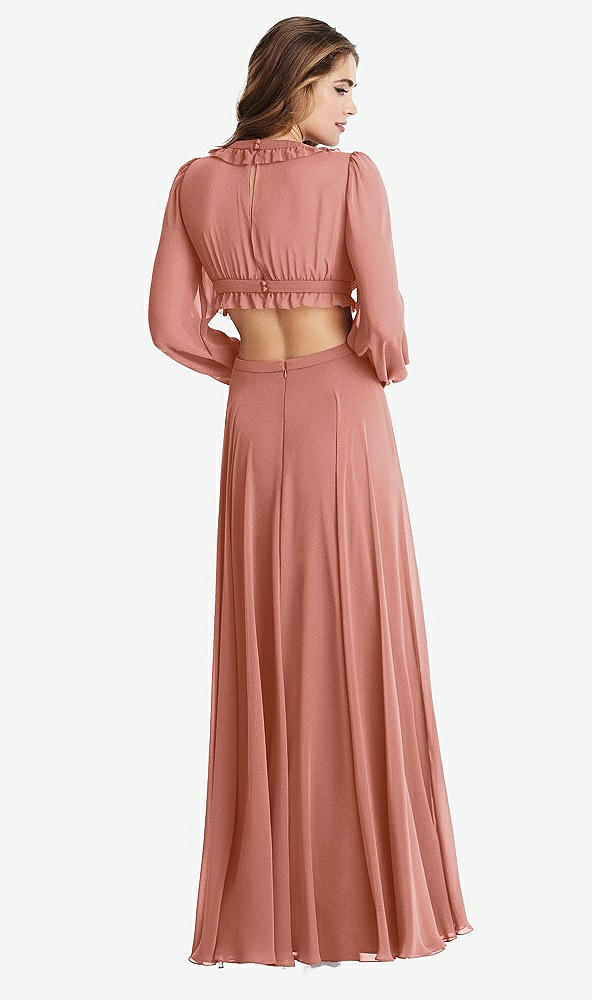 Back View - Desert Rose Bishop Sleeve Ruffled Chiffon Cutout Maxi Dress - Harlow 