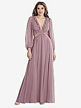 Front View Thumbnail - Dusty Rose Bishop Sleeve Ruffled Chiffon Cutout Maxi Dress - Harlow 