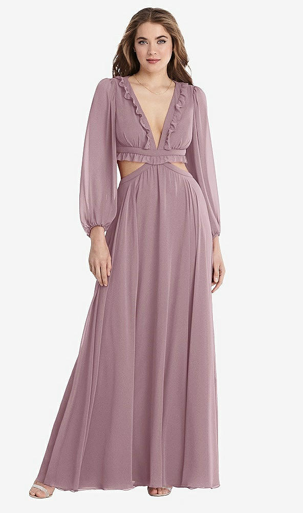 Front View - Dusty Rose Bishop Sleeve Ruffled Chiffon Cutout Maxi Dress - Harlow 