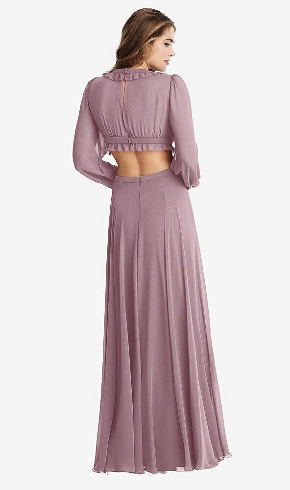 Back View - Dusty Rose Bishop Sleeve Ruffled Chiffon Cutout Maxi Dress - Harlow 