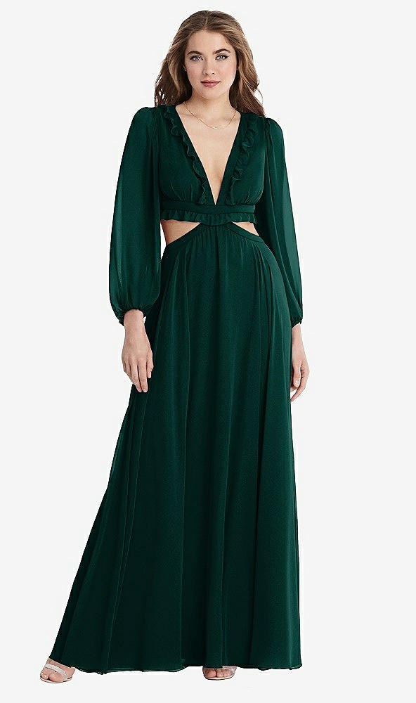 Front View - Evergreen Bishop Sleeve Ruffled Chiffon Cutout Maxi Dress - Harlow 