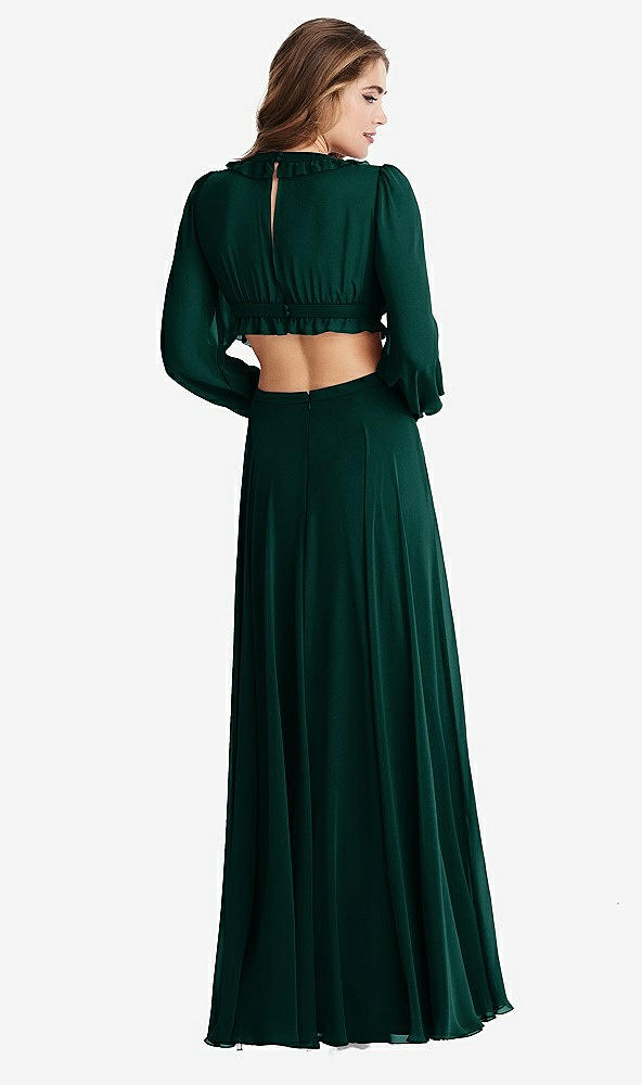 Back View - Evergreen Bishop Sleeve Ruffled Chiffon Cutout Maxi Dress - Harlow 