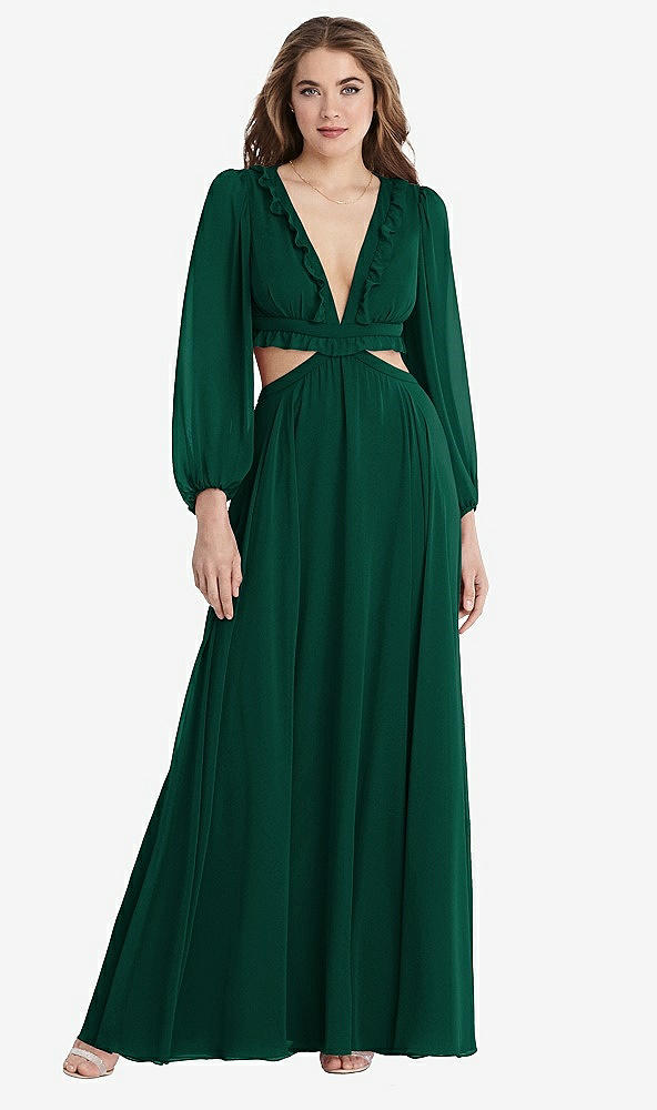 Front View - Hunter Green Bishop Sleeve Ruffled Chiffon Cutout Maxi Dress - Harlow 