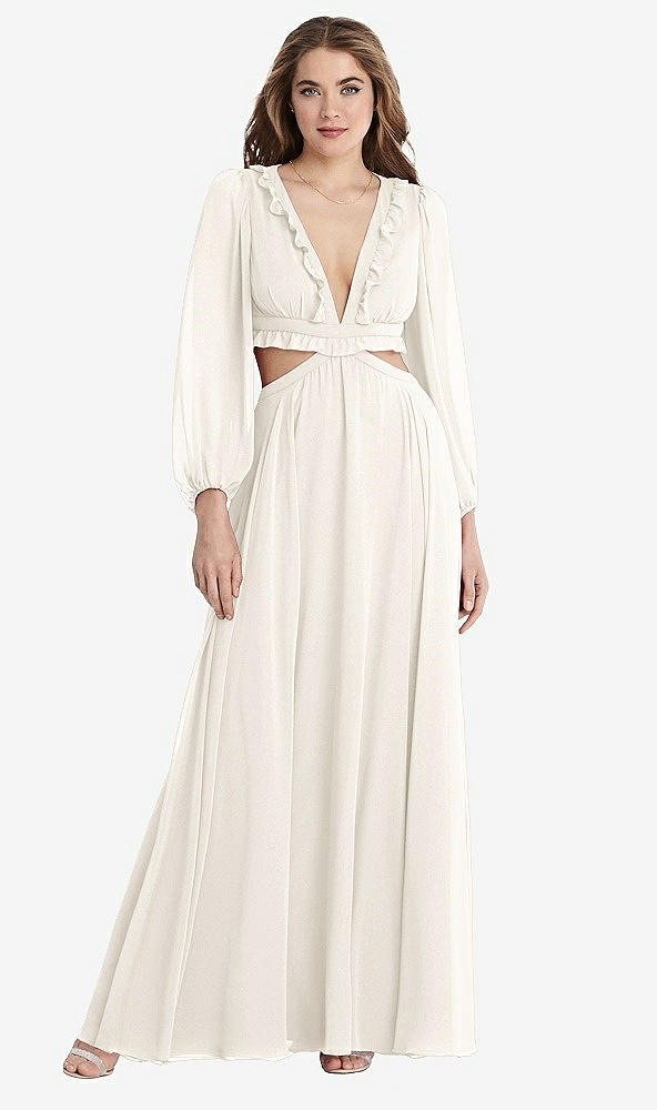 Front View - Ivory Bishop Sleeve Ruffled Chiffon Cutout Maxi Dress - Harlow 