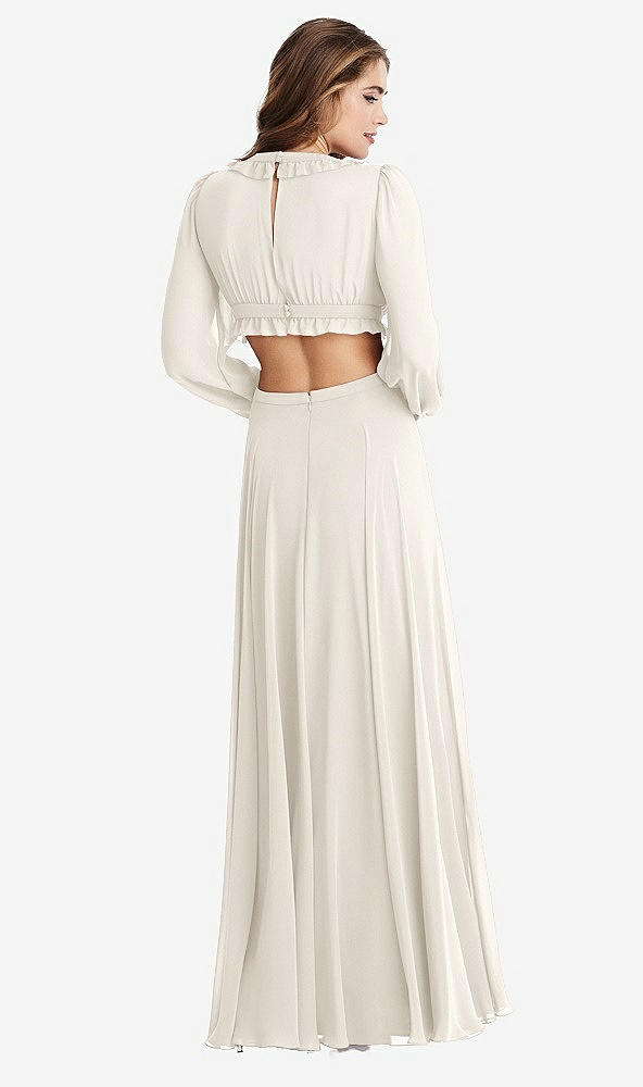 Back View - Ivory Bishop Sleeve Ruffled Chiffon Cutout Maxi Dress - Harlow 