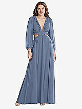 Front View Thumbnail - Larkspur Blue Bishop Sleeve Ruffled Chiffon Cutout Maxi Dress - Harlow 