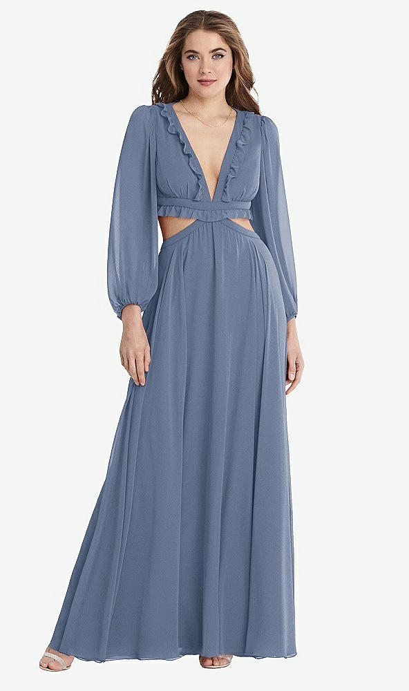 Front View - Larkspur Blue Bishop Sleeve Ruffled Chiffon Cutout Maxi Dress - Harlow 