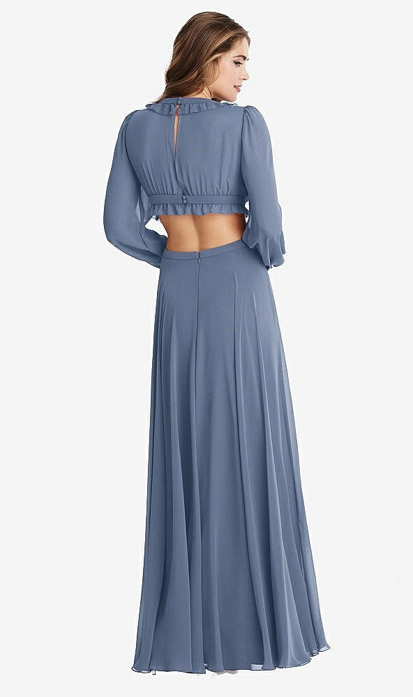 Back View - Larkspur Blue Bishop Sleeve Ruffled Chiffon Cutout Maxi Dress - Harlow 