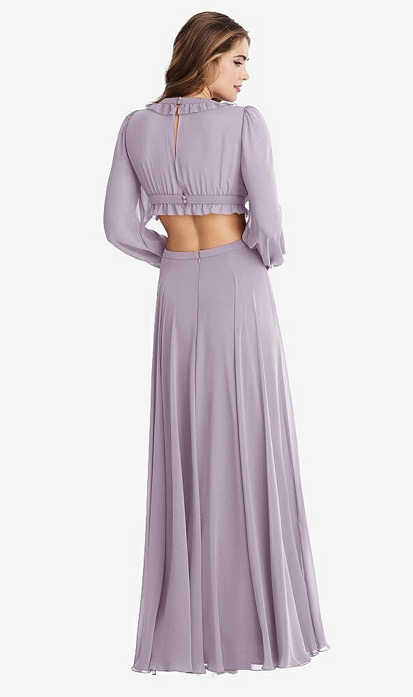 Back View - Lilac Haze Bishop Sleeve Ruffled Chiffon Cutout Maxi Dress - Harlow 