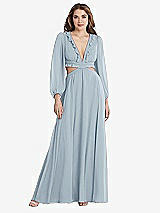 Front View Thumbnail - Mist Bishop Sleeve Ruffled Chiffon Cutout Maxi Dress - Harlow 