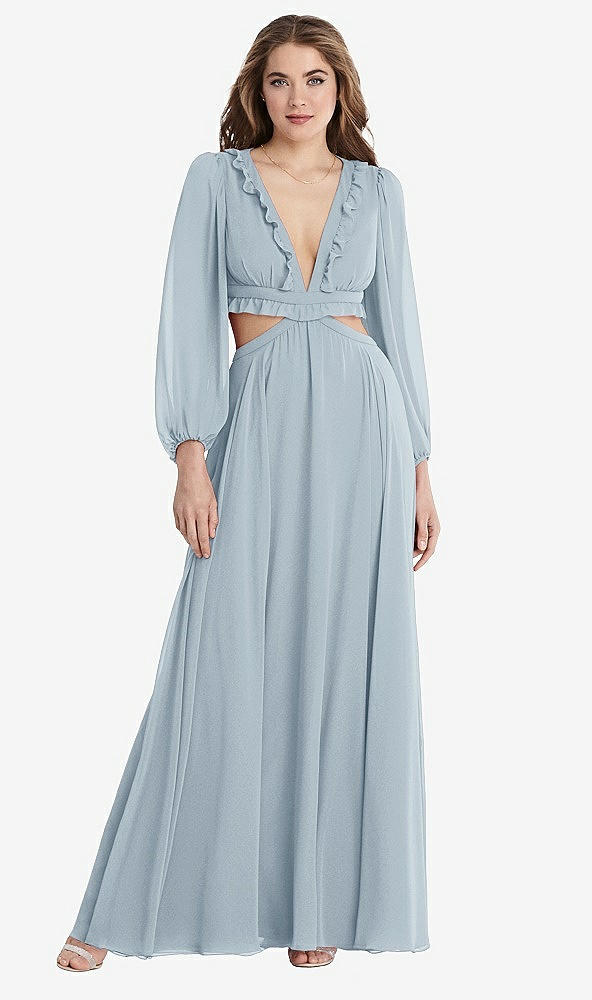 Front View - Mist Bishop Sleeve Ruffled Chiffon Cutout Maxi Dress - Harlow 