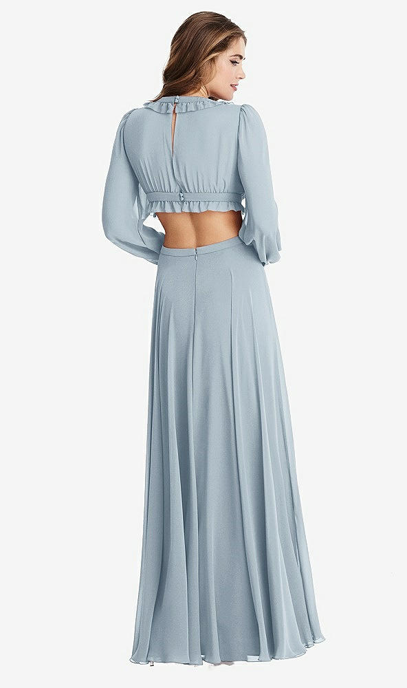 Back View - Mist Bishop Sleeve Ruffled Chiffon Cutout Maxi Dress - Harlow 