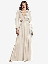 Front View Thumbnail - Oat Bishop Sleeve Ruffled Chiffon Cutout Maxi Dress - Harlow 