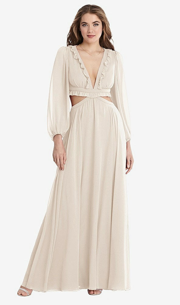 Front View - Oat Bishop Sleeve Ruffled Chiffon Cutout Maxi Dress - Harlow 